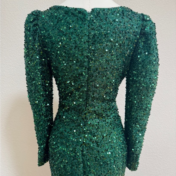 Giffniseti Sequined Emerald Green Mermaid Evening Gown Puff Sleeves Rosette S - Picture 11 of 13